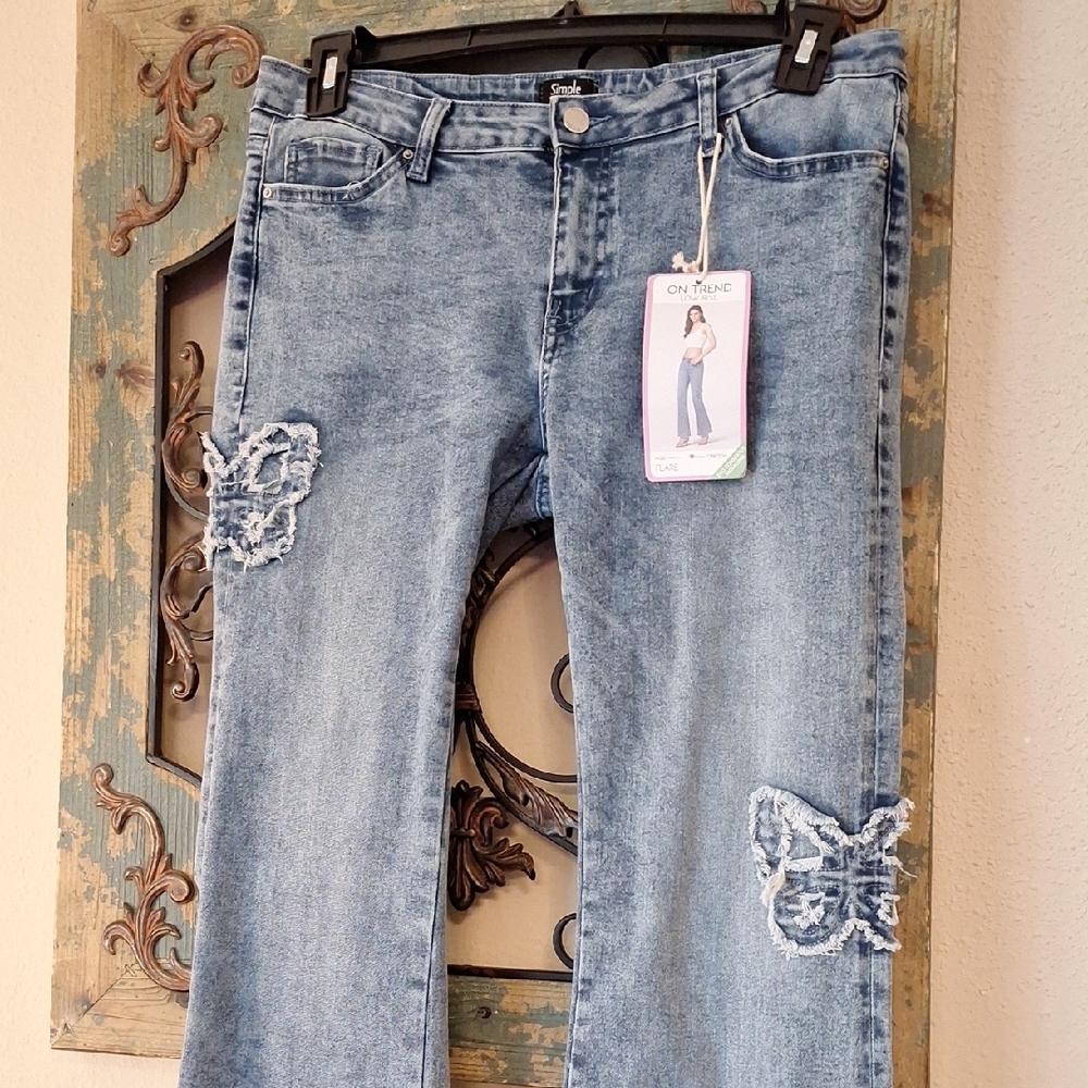 Simple Society Light Blue Butterfly Flared Jeans. NWT Size 13 - Picture 6 of 11